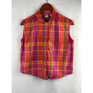 Basic Essentials Womens Sleeveless Button-Up Plaid Shirt Size S 100% Cotton Vibr